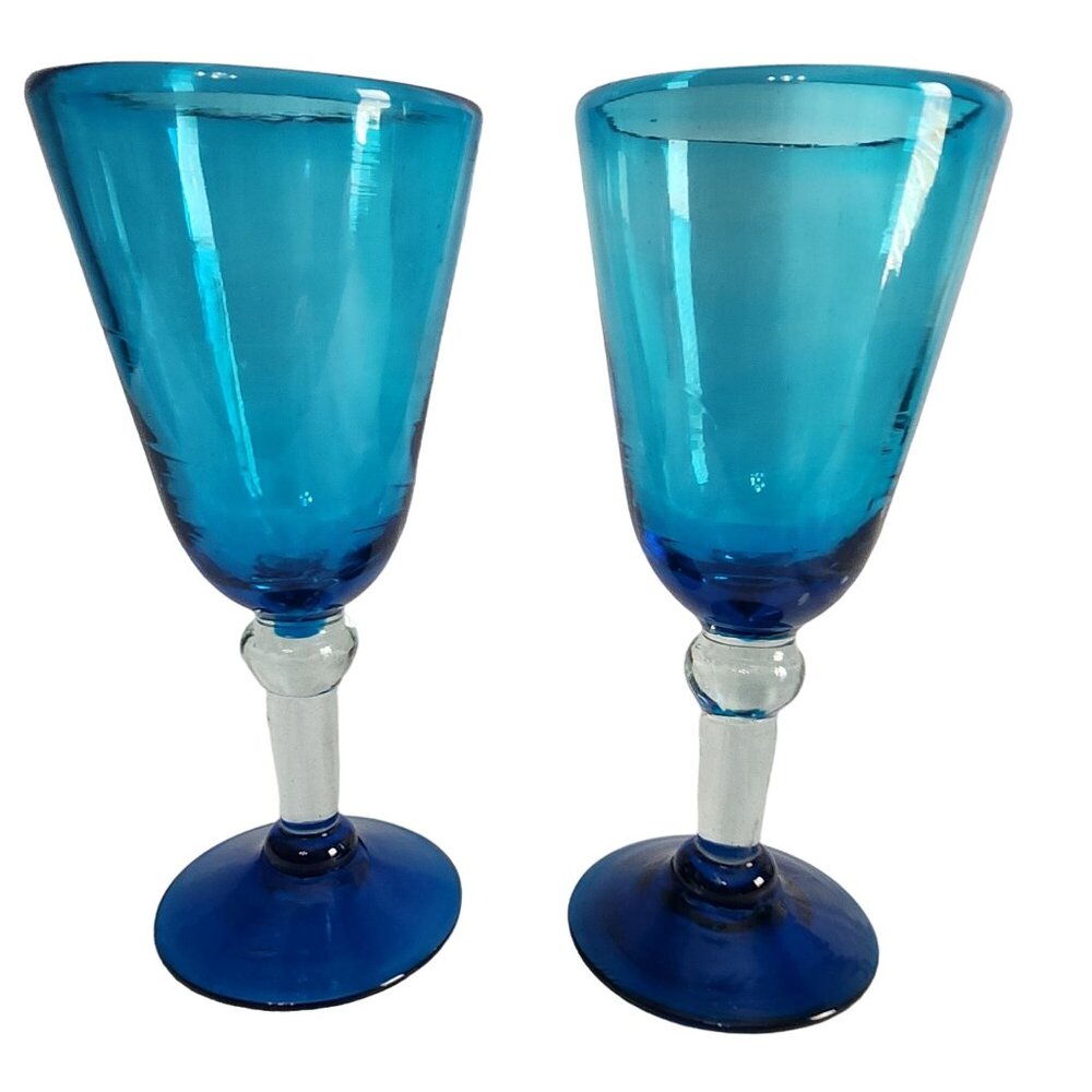 Vintage Blue Glass Goblets‎ Set Of 2